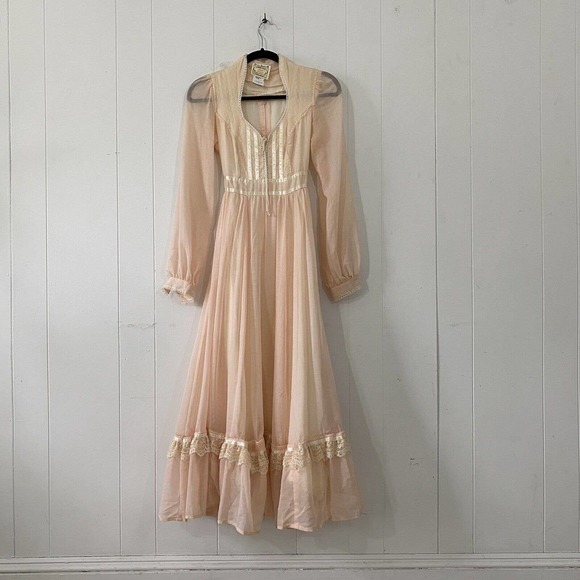Vintage 1970s Pale Pink Gunne Sax Maxi Dress Corset Bodice Cottage Prairie - Picture 1 of 9